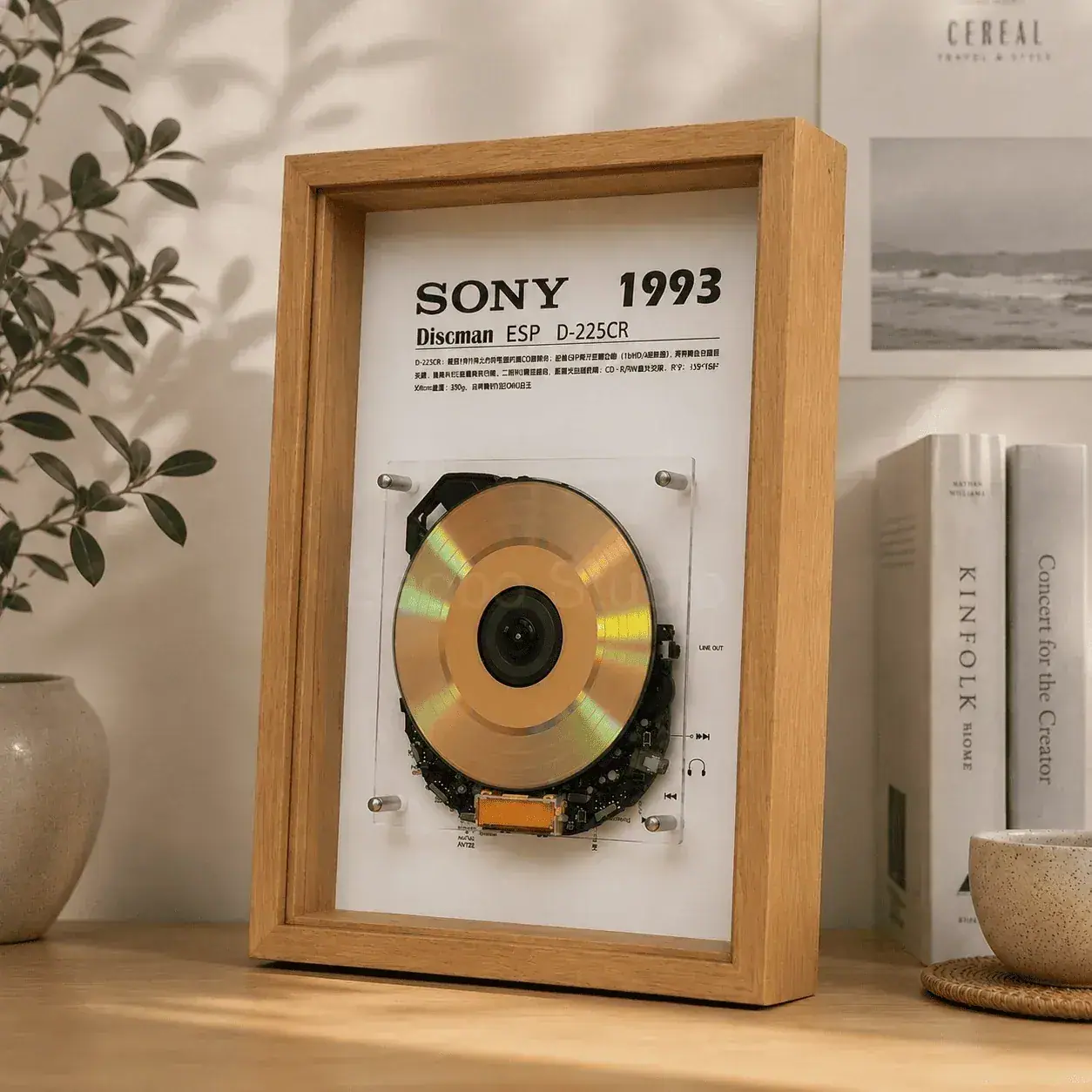 Detail of a framed vintage CD player display piece